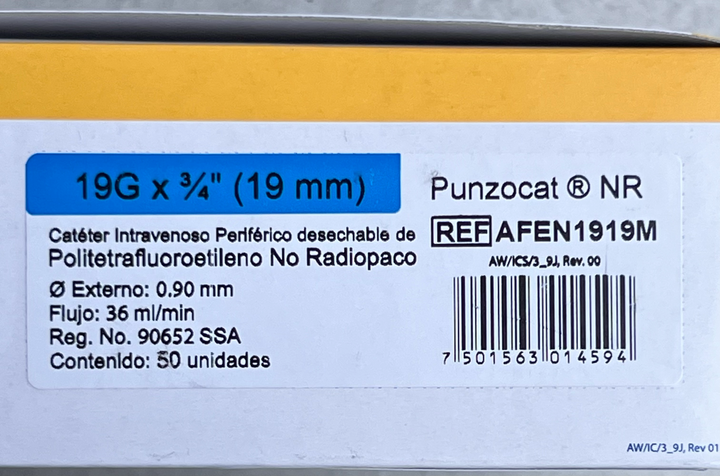 CATÉTER INTRAVENOSO NO RADIOPACO, CAL. 19G X 19MM. ESTÉRIL