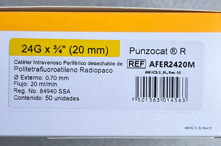 CATÉTER INTRAVENOSO RADIOPACO, CAL. 24G X 20MM. ESTÉRIL