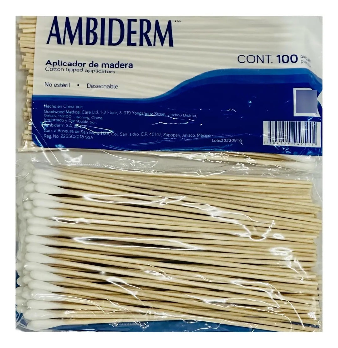 APLICADOR DE MADERA CON ALGODÓN 100 PZAS AMBIDERM