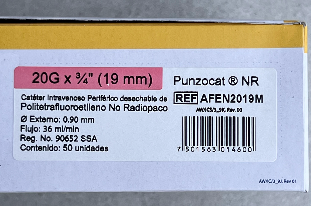 CATÉTER INTRAVENOSO NO RADIOPACO, CAL. 20G X 19MM. ESTÉRIL