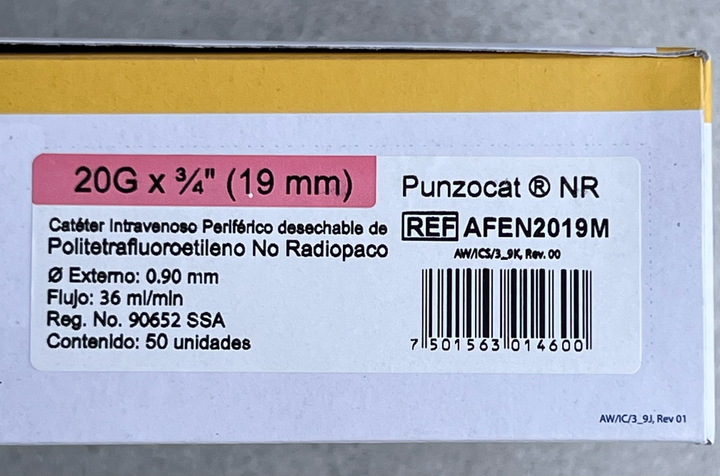 CATÉTER INTRAVENOSO NO RADIOPACO, CAL. 20G X 19MM. ESTÉRIL