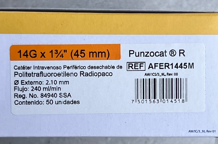 CATÉTER INTRAVENOSO RADIOPACO, CAL. 14G X 45MM. ESTÉRIL